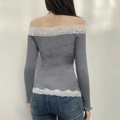 Grey Off The Shoulder Lace Top