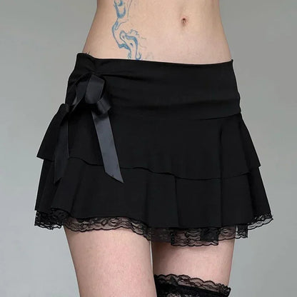 Low Waisted Black Ruffle Mini Skirt