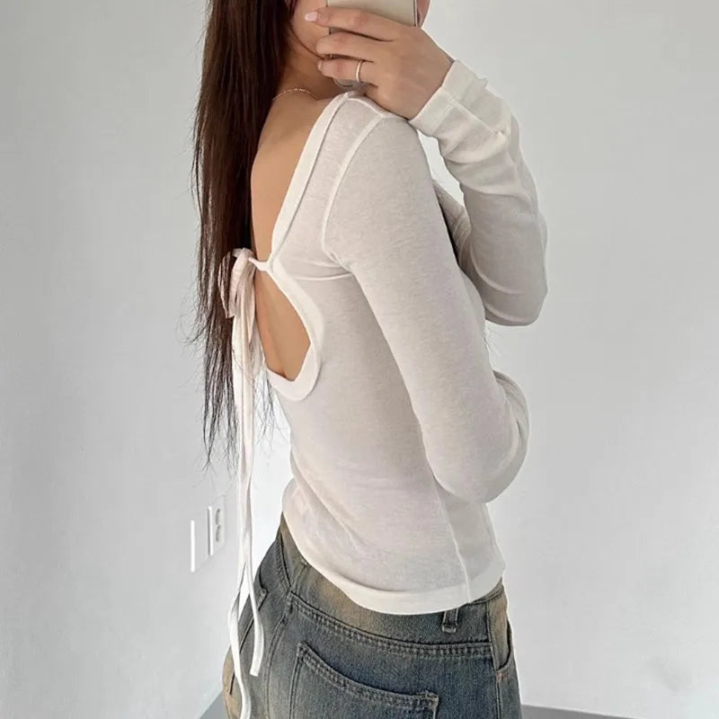 Semi Sheer Backless Bandage Long Sleeve T-shirts