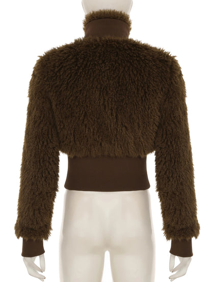 Brown Faux Fur Zip Up Coat