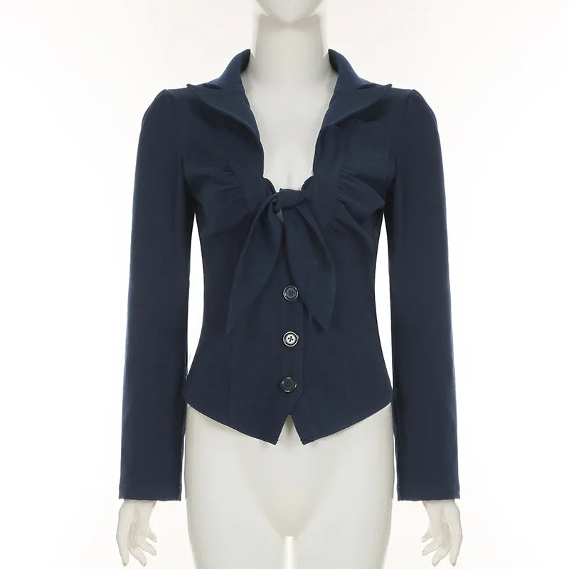 Navy Blue Bow Deep V Neck Button Down Shirt