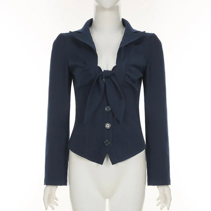 Navy Blue Bow Deep V Neck Button Down Shirt