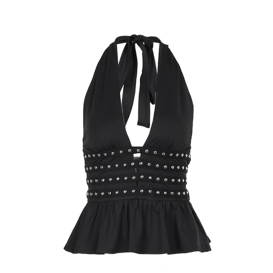 Black Halter Neck Peplum Top