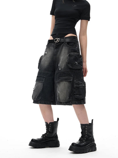 Multi-pocket Faded Black Unisex Baggy Jorts