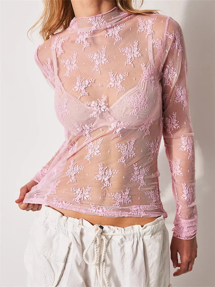 Lace High Neck Long Sleeve