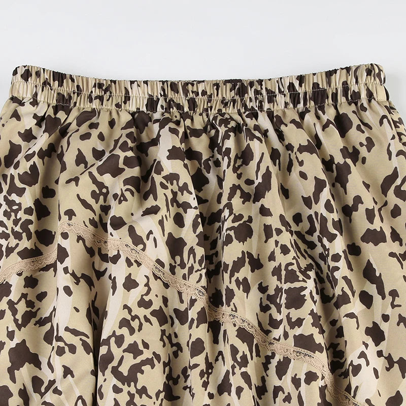 Leopard Printed Lace Trim Asymmetric Skirt