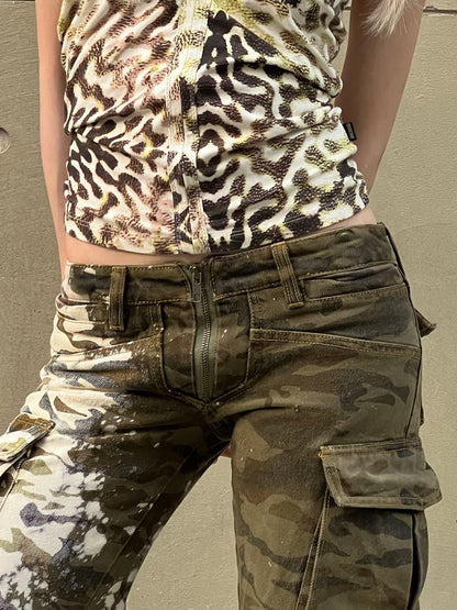 Vintage Style Camo Print Low Rise Trousers