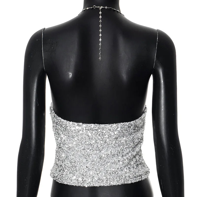 Silver Chain Sparkle Sequin Crop Top