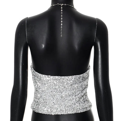 Silver Chain Sparkle Sequin Crop Top