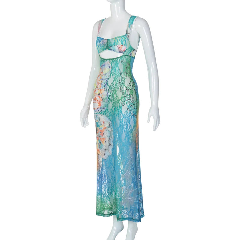 Sheer Blue Gradient Print Maxi Dress
