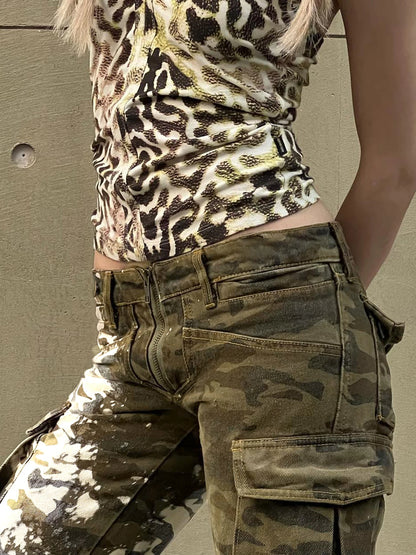 Vintage Style Camo Print Low Rise Trousers