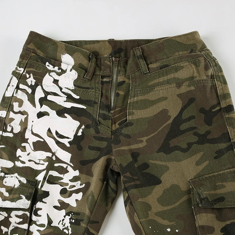 Vintage Style Camo Print Low Rise Trousers