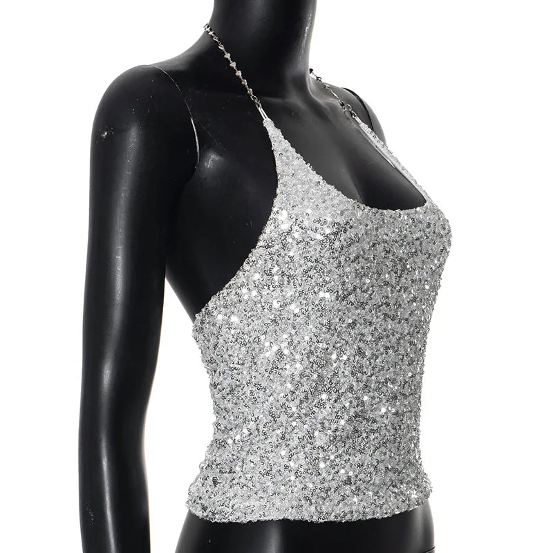 Silver Chain Sparkle Sequin Crop Top