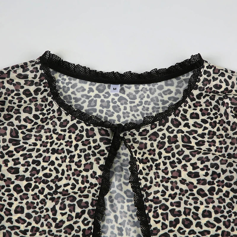 Mesh Leopard Print Button Up Cardigan