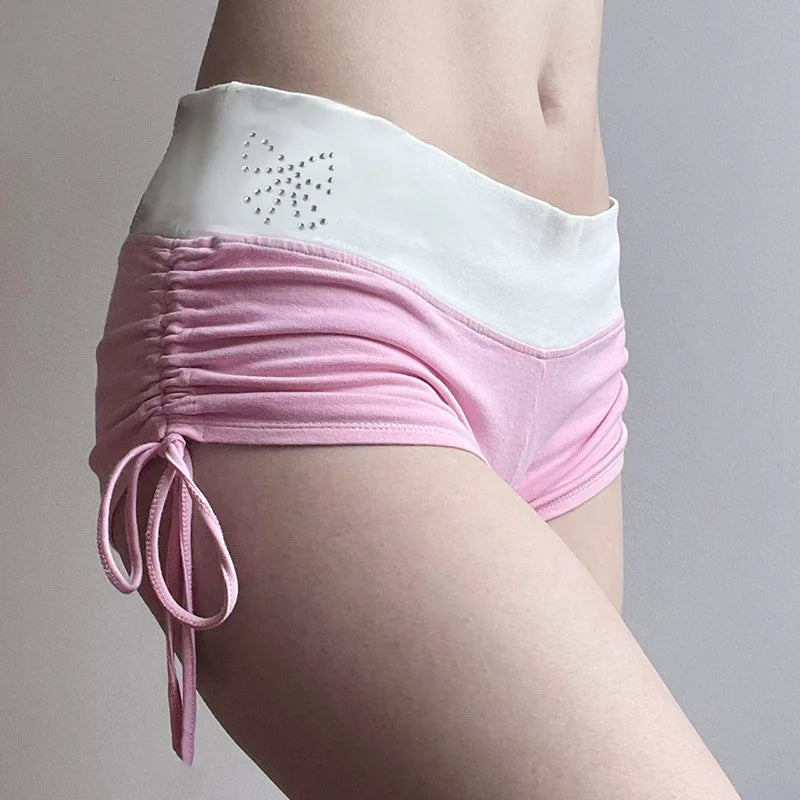 Rhinestone Bow Drawstring Low Waist Booty Shorts