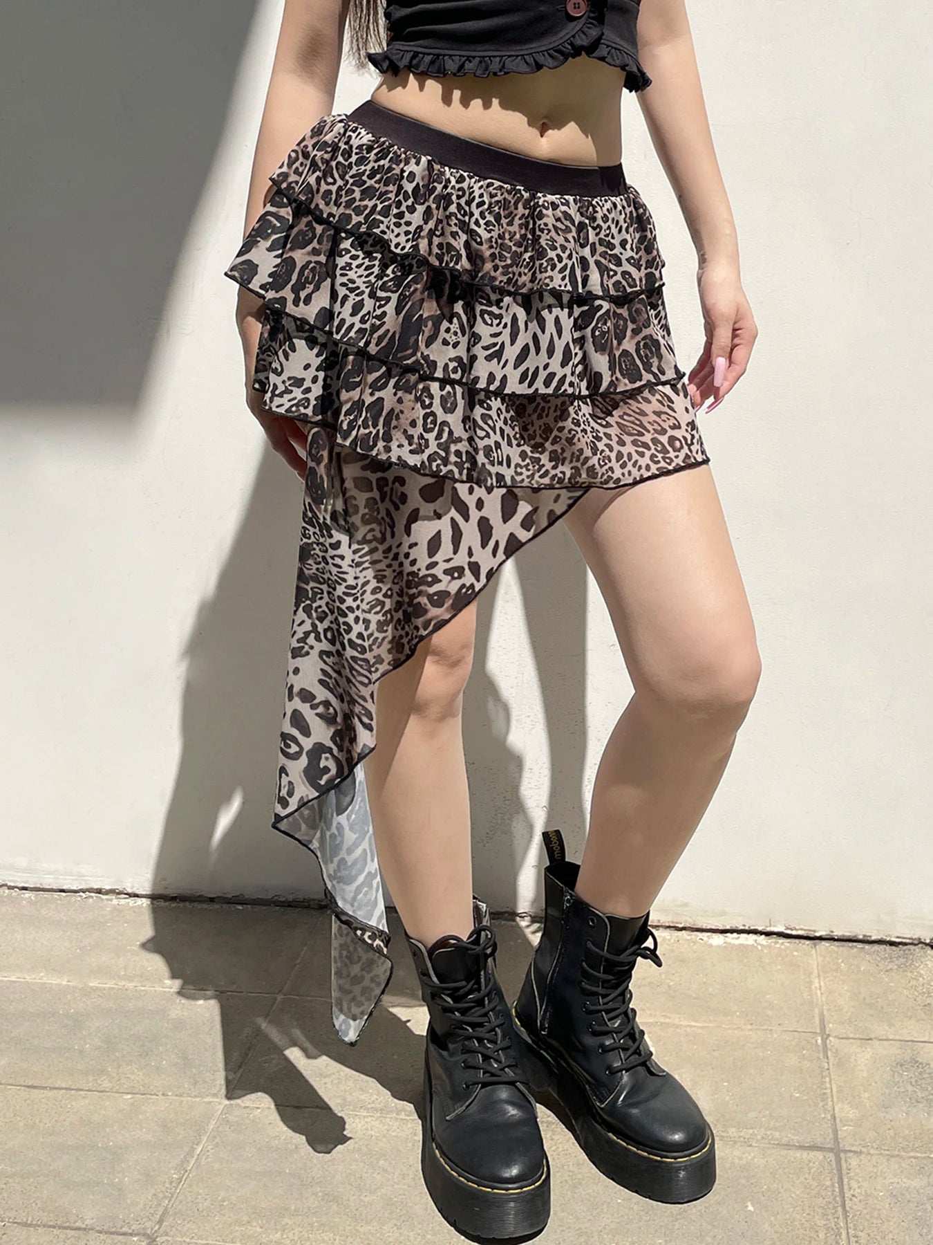 Tiered Ruffle Leopard Print Skirt