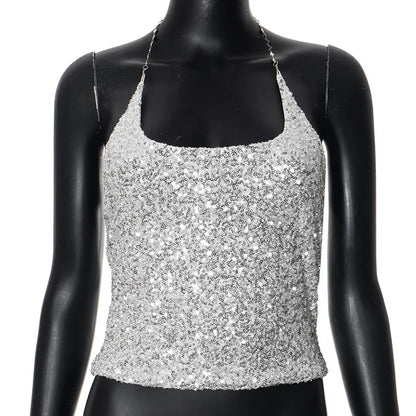 Silver Chain Sparkle Sequin Crop Top