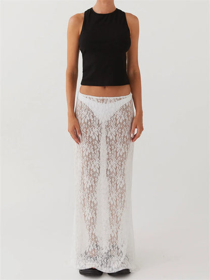 Y2K Boho Floral Lace Maxi Skirt