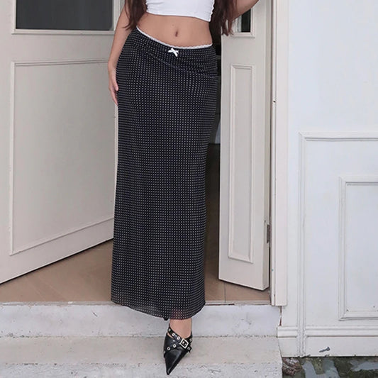 Polka Dot Printed Lace Trim Straight Mid-Waisted Maxi Skirt