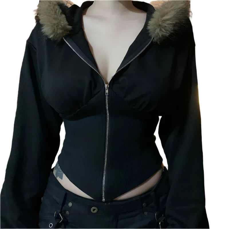 Fur Zip Up Corset Hoodie