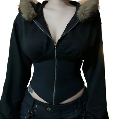 Fur Zip Up Corset Hoodie