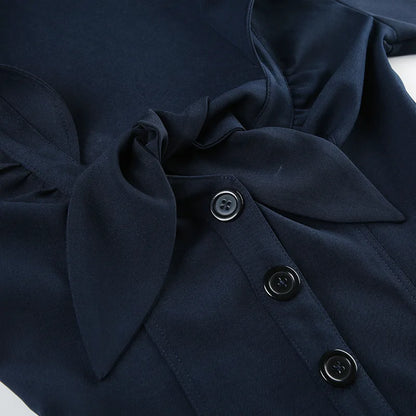 Navy Blue Bow Deep V Neck Button Down Shirt