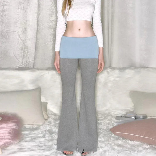 Large Contrast Fold Over Waistband Flared Trousers