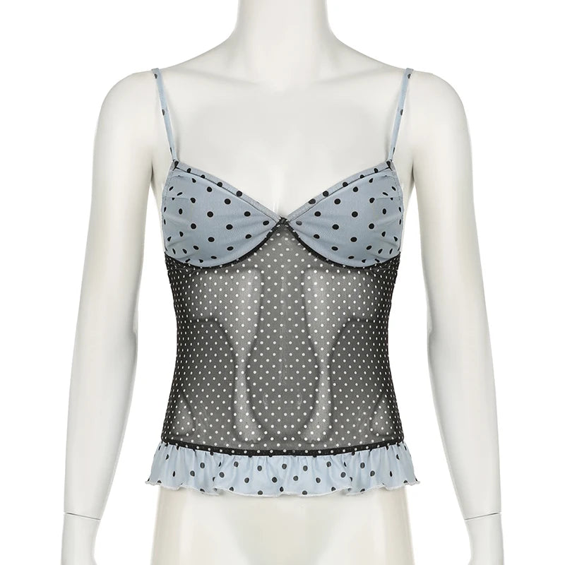 Polka Dot Mesh Low Cut Cami Top