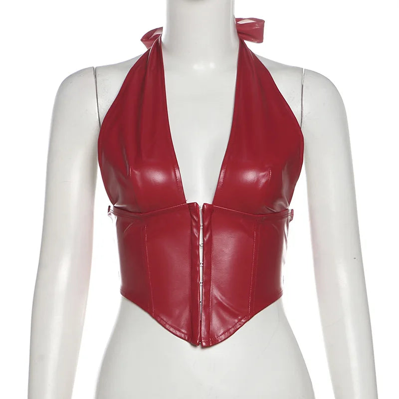 Halter PU leather V neck corset top