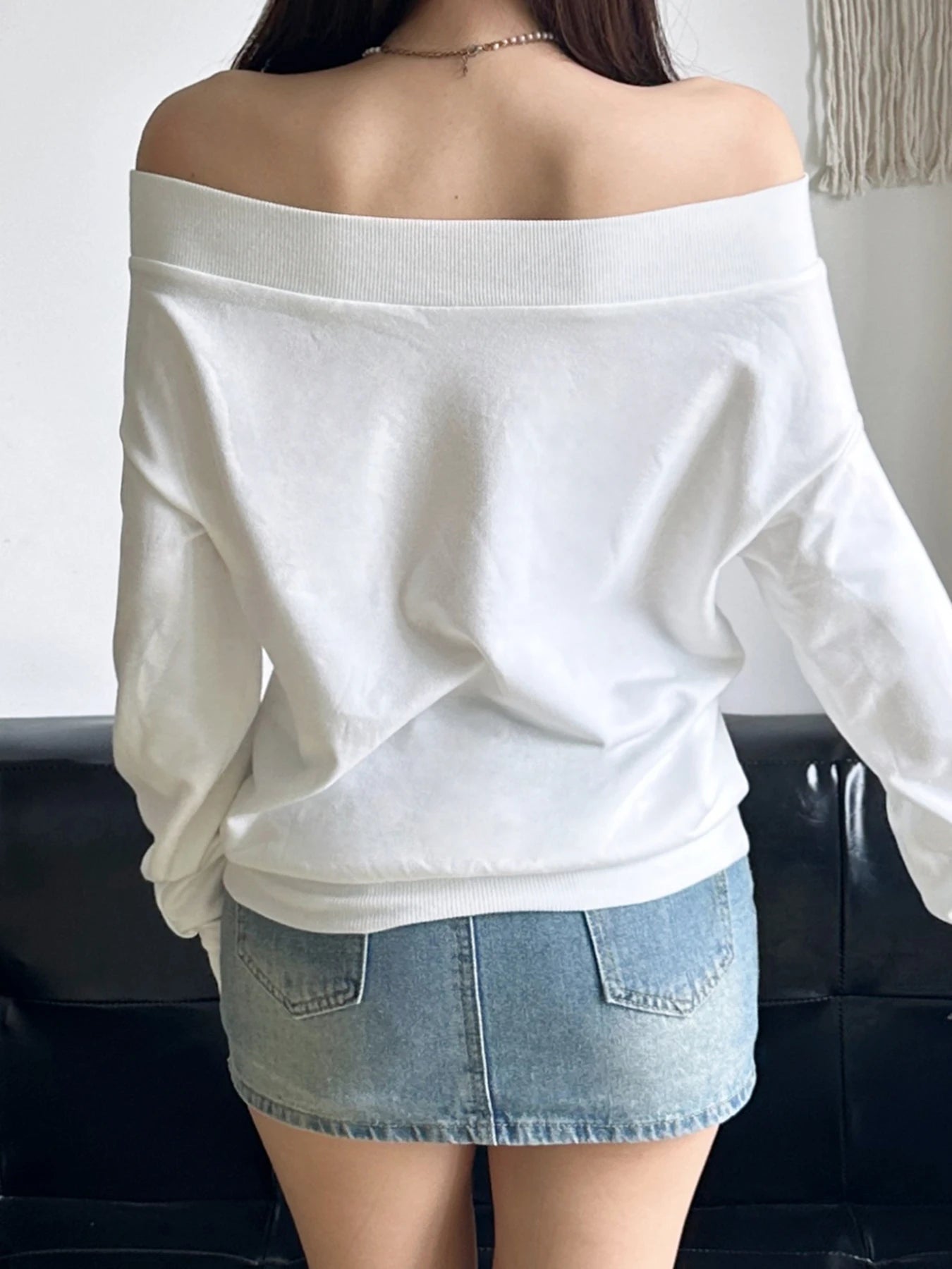 Off-Shoulder Graphic Sweater in White