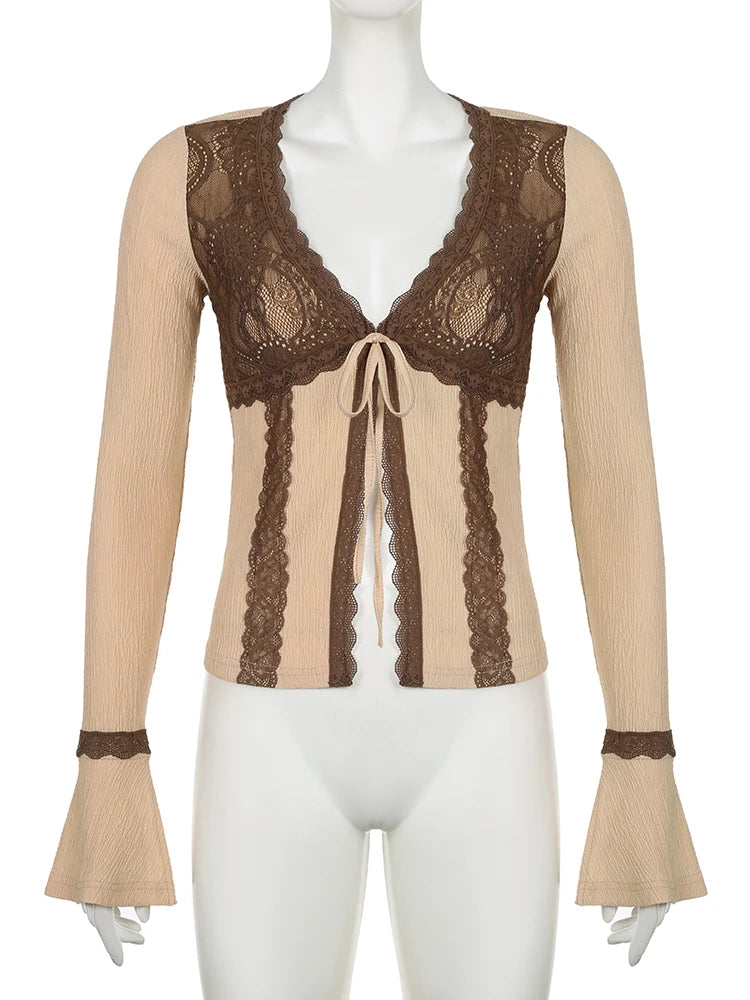 Brown Lace Tie Up Top