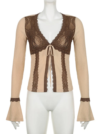 Brown Lace Tie Up Top