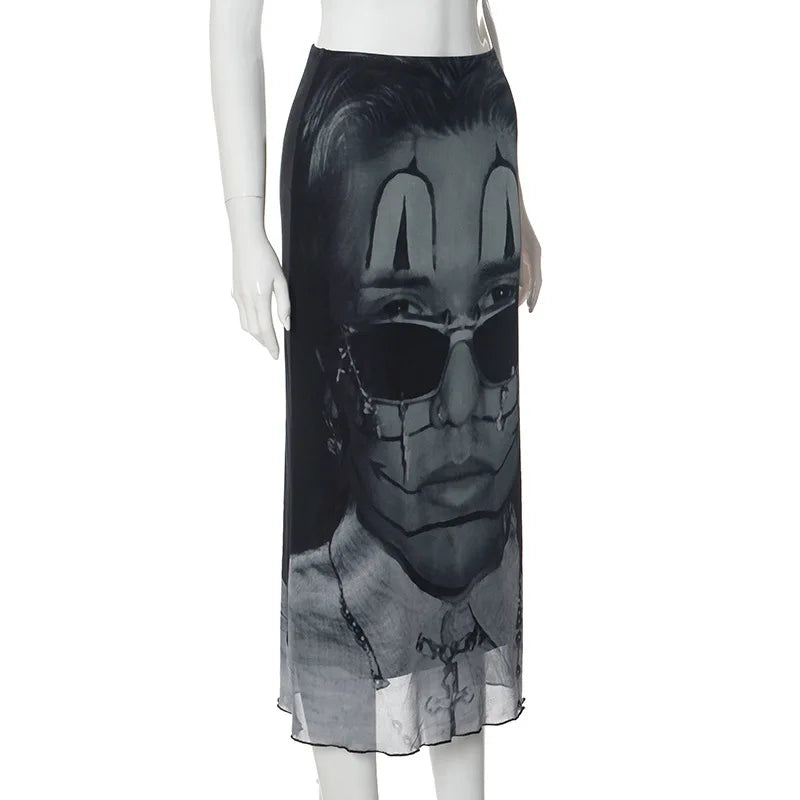 Printed Mesh Midi Skirt