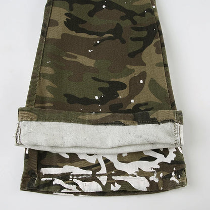 Vintage Style Camo Print Low Rise Trousers