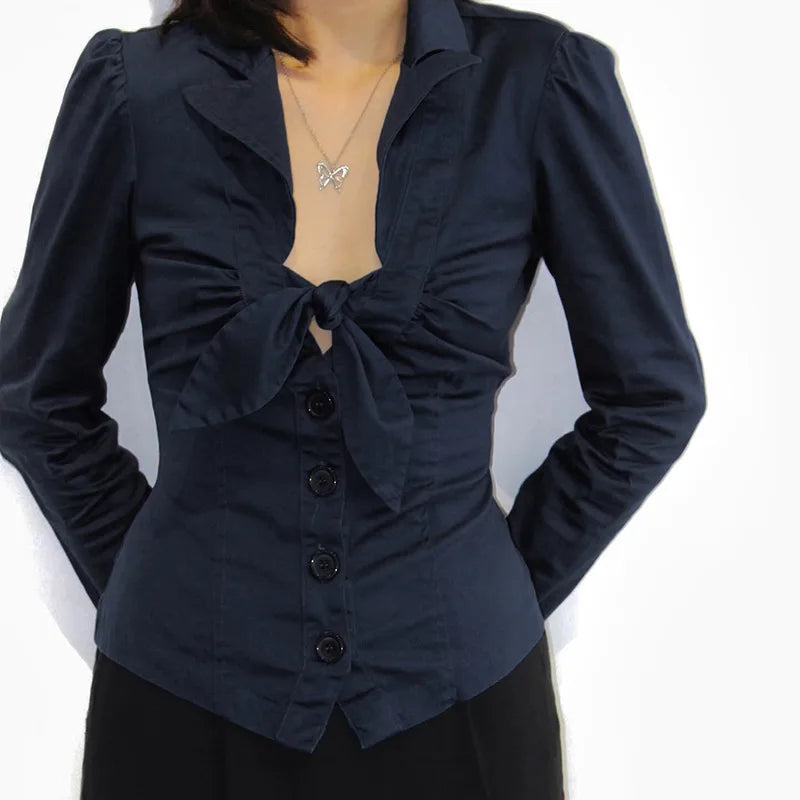 Navy Blue Bow Deep V Neck Button Down Shirt