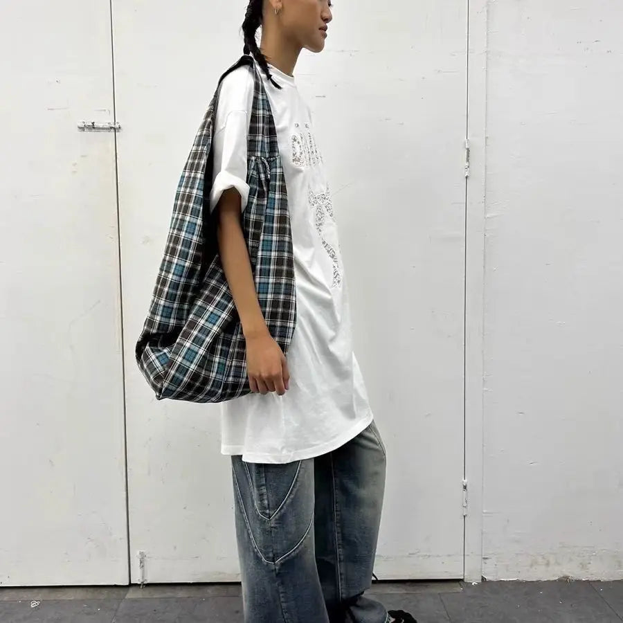 Unisex Blue Plaid One-Shoulder Messenger Bag