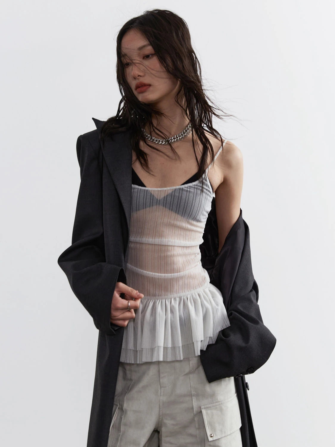 Petite Y2k Mesh Pleated Tank Top