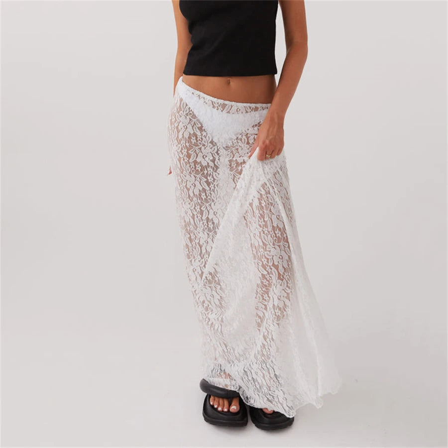 Y2K Boho Floral Lace Maxi Skirt