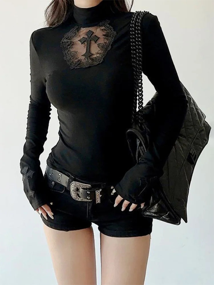 Sheer Cross Turtleneck Top