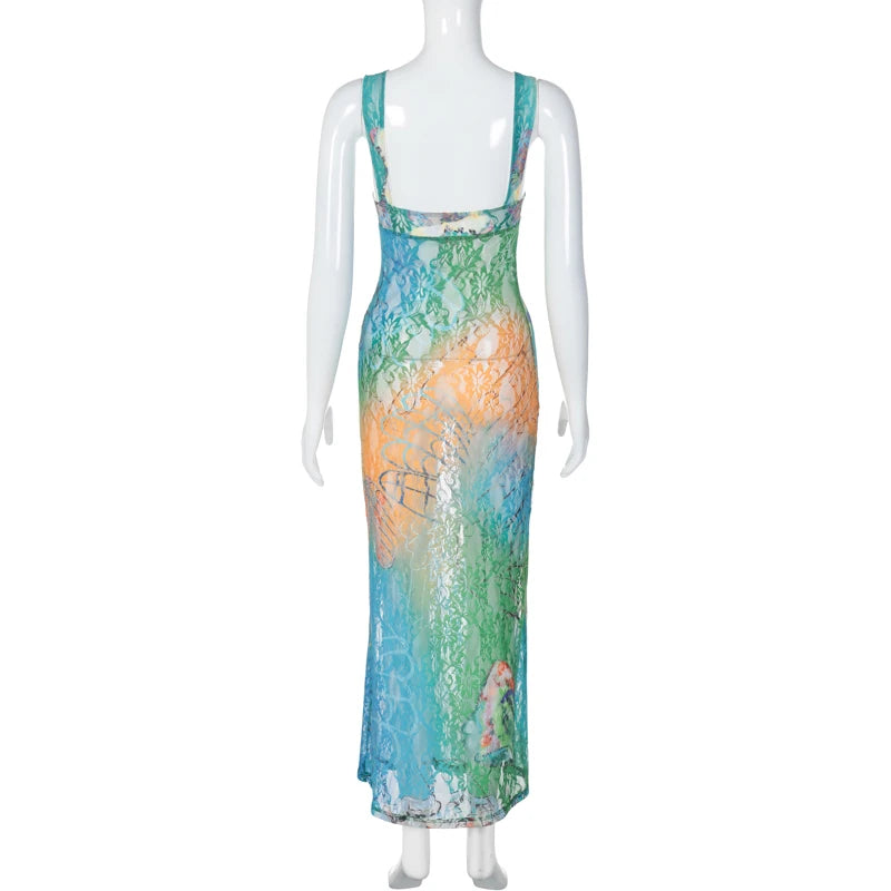 Sheer Blue Gradient Print Maxi Dress