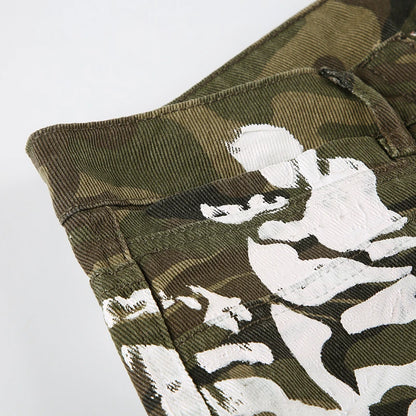 Vintage Style Camo Print Low Rise Trousers