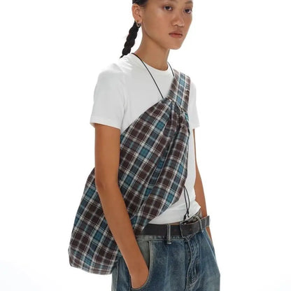 Unisex Blue Plaid One-Shoulder Messenger Bag