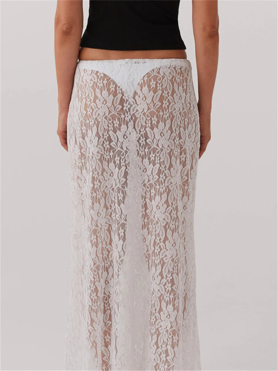 Y2K Boho Floral Lace Maxi Skirt