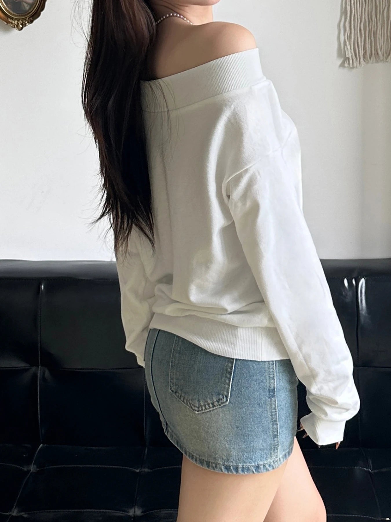 Off-Shoulder Graphic Sweater in White