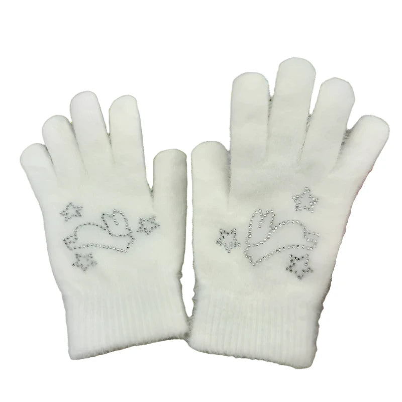 white fuzzy gloves with rabbit diamante design on front of glove with decorative diamante stars and ribbed arm opening.