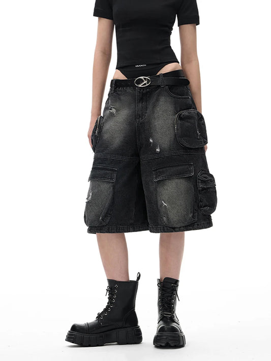 Multi-pocket Faded Black Unisex Baggy Jorts