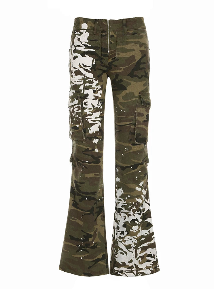 Vintage Style Camo Print Low Rise Trousers