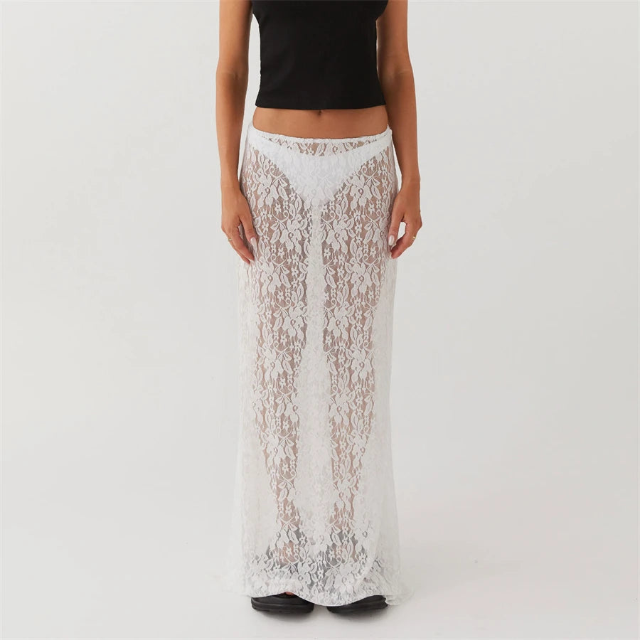 Y2K Boho Floral Lace Maxi Skirt