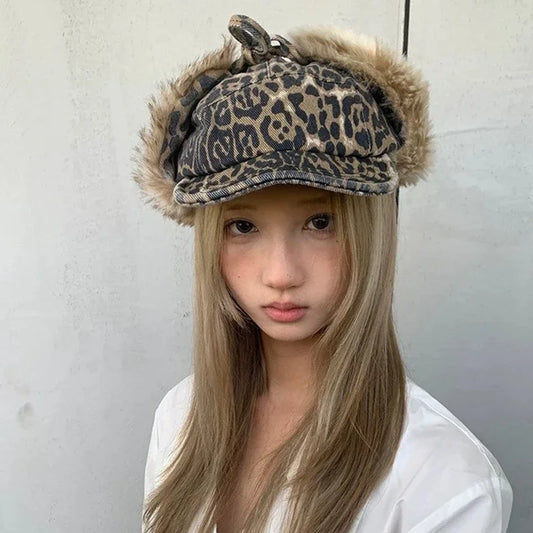 Leopard Print Faux Fur Trapper Cap