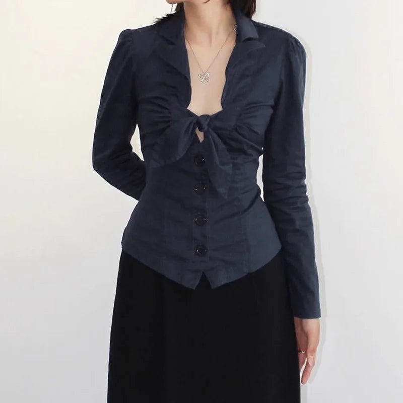 Navy Blue Bow Deep V Neck Button Down Shirt